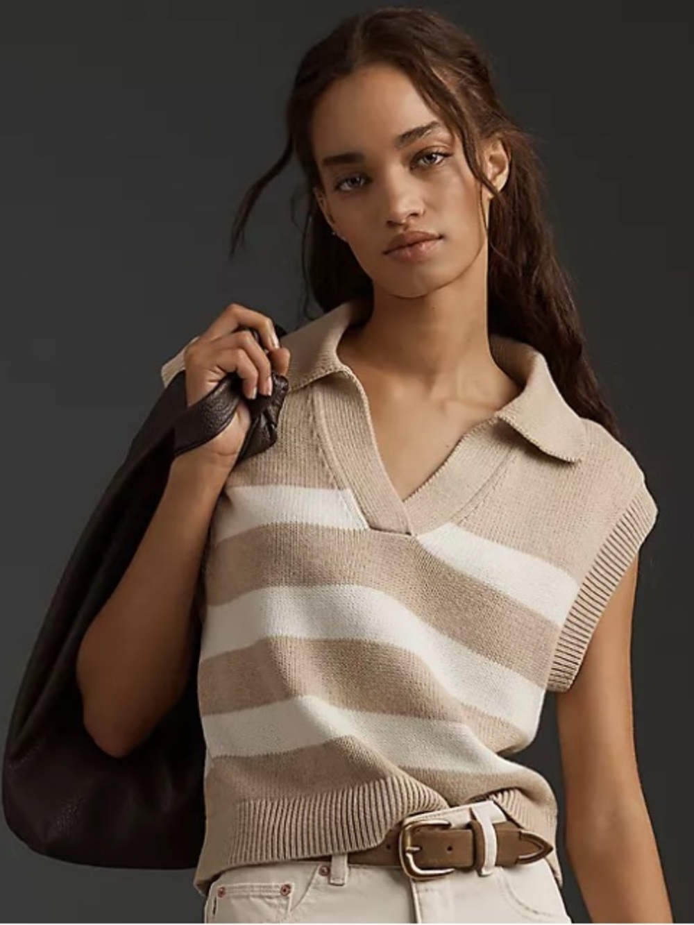 Jessica Simpson Striped Knit Sleeveless Polo Sweater Vest - Neutral Stripes